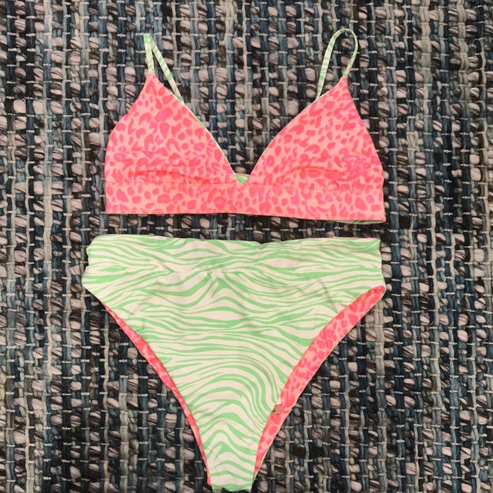 Billabong Pink and Green Bikini Set